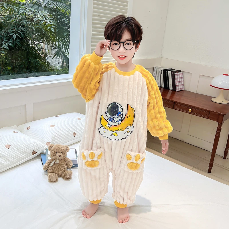 儿童连体睡衣秋冬珊瑚绒双层加绒加厚宝宝防踢睡袋男童法兰绒爬服