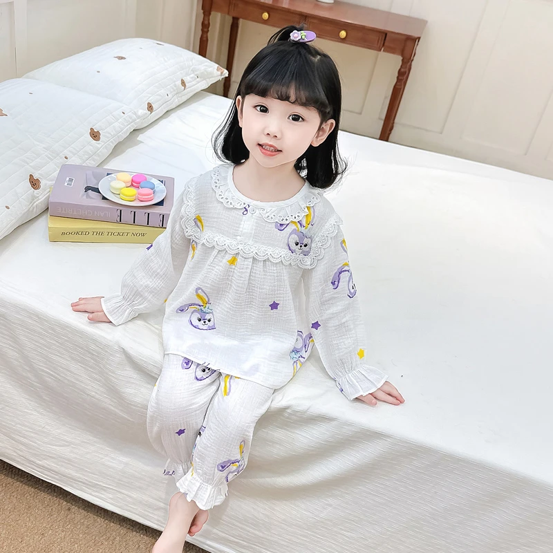 儿童睡衣春秋季长袖薄款纯棉纱布夏季空调服女宝宝洋气家居服套装