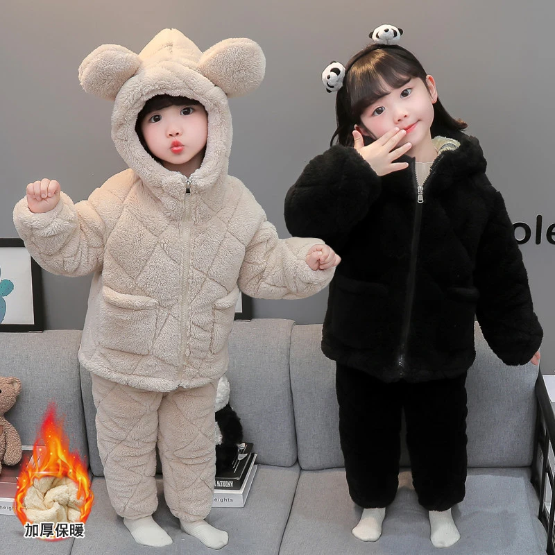 儿童睡衣女童冬季加绒加厚款夹棉三层女宝宝珊瑚绒家居服冬款连帽