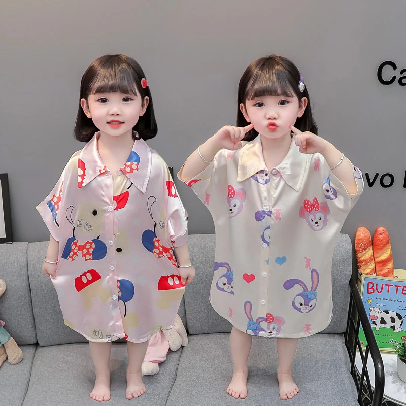 女童冰丝睡裙夏装新品中小儿童卡通薄款短袖长款衬衫家居服睡衣潮