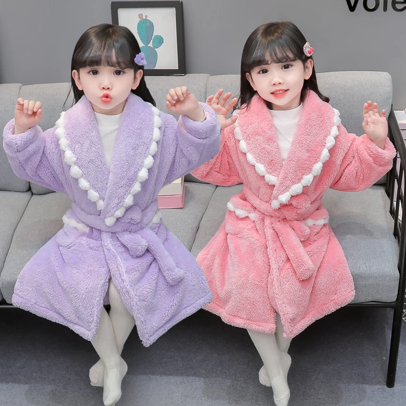 女童睡袍秋冬季女孩宝宝珊瑚绒儿童睡衣睡裙婴儿法兰绒家居服浴袍
