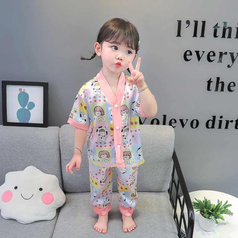 儿童睡衣女童夏季冰丝稠薄款空调服套装小女孩宝宝超萌洋气居家服