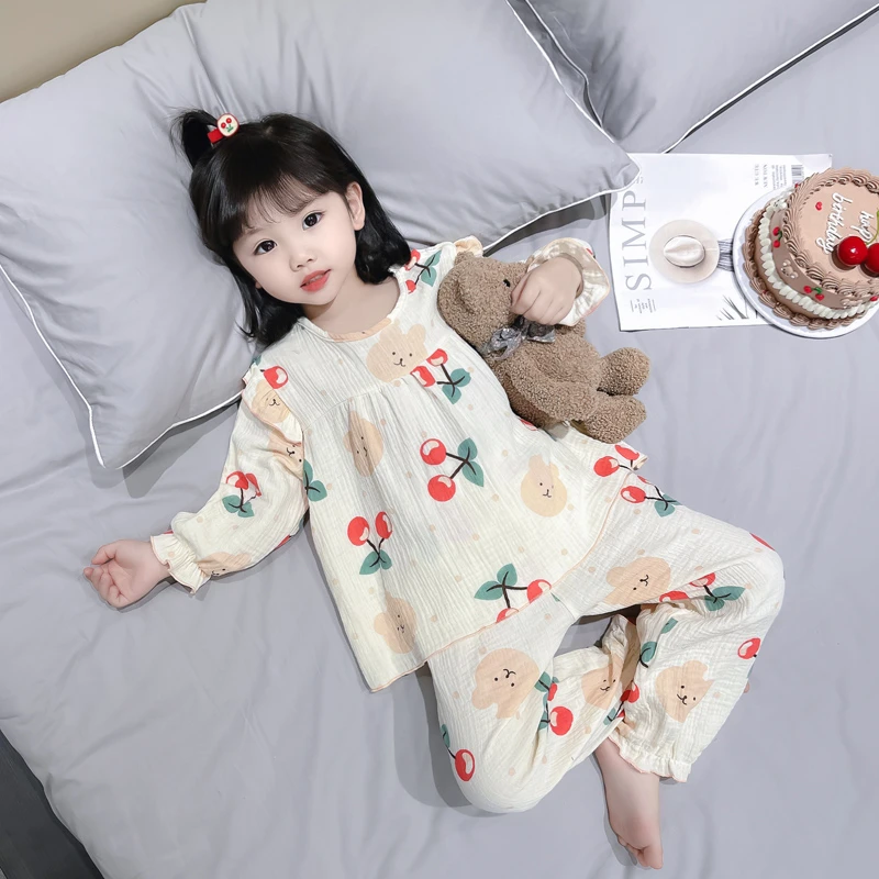 女童睡衣春秋季套装纯棉薄款长袖透气儿童家居服夏季纱布宝宝女孩