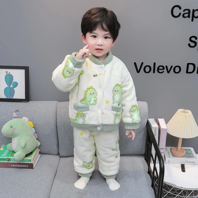 儿童珊瑚绒睡衣男童秋冬加绒加厚款男孩宝宝法兰绒家居服恐龙套装