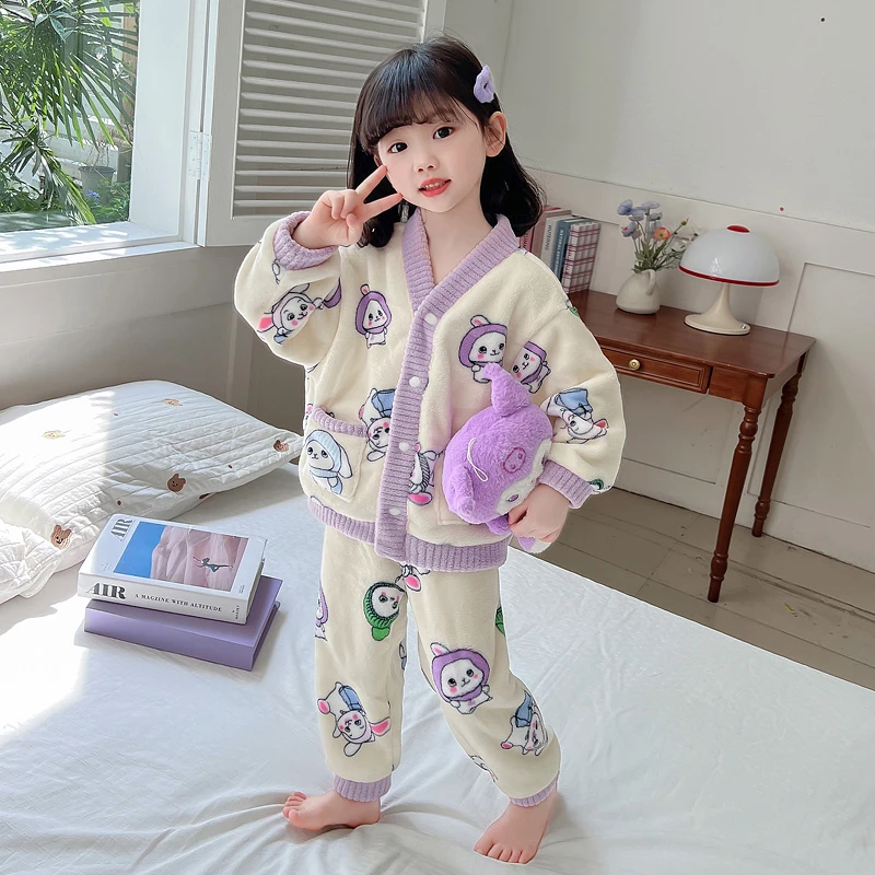 女童法兰绒睡衣冬款保暖儿童冬季珊瑚绒加厚女孩宝宝冬装家居服