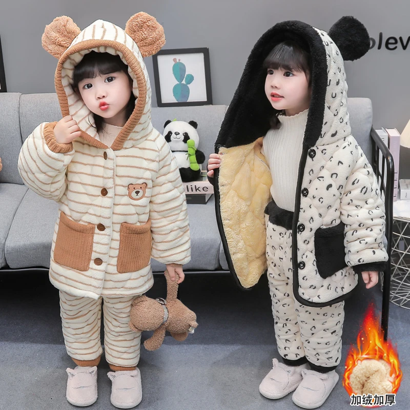 儿童冬季法兰绒三层加绒夹棉睡衣珊瑚绒女宝宝套装儿童加厚家居服