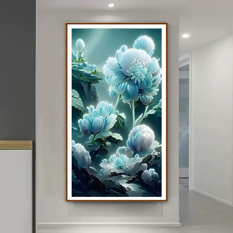 K100十字绣DX1393唯美蓝牡丹新款竖版客厅玄关卧室30色满绣无勾边