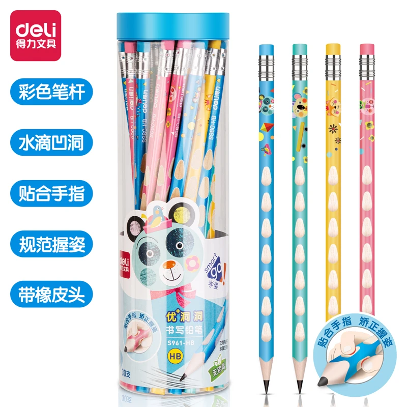 得力S961-2B/HB30支桶装卡通洞洞HB铅笔30支/桶矫姿握
