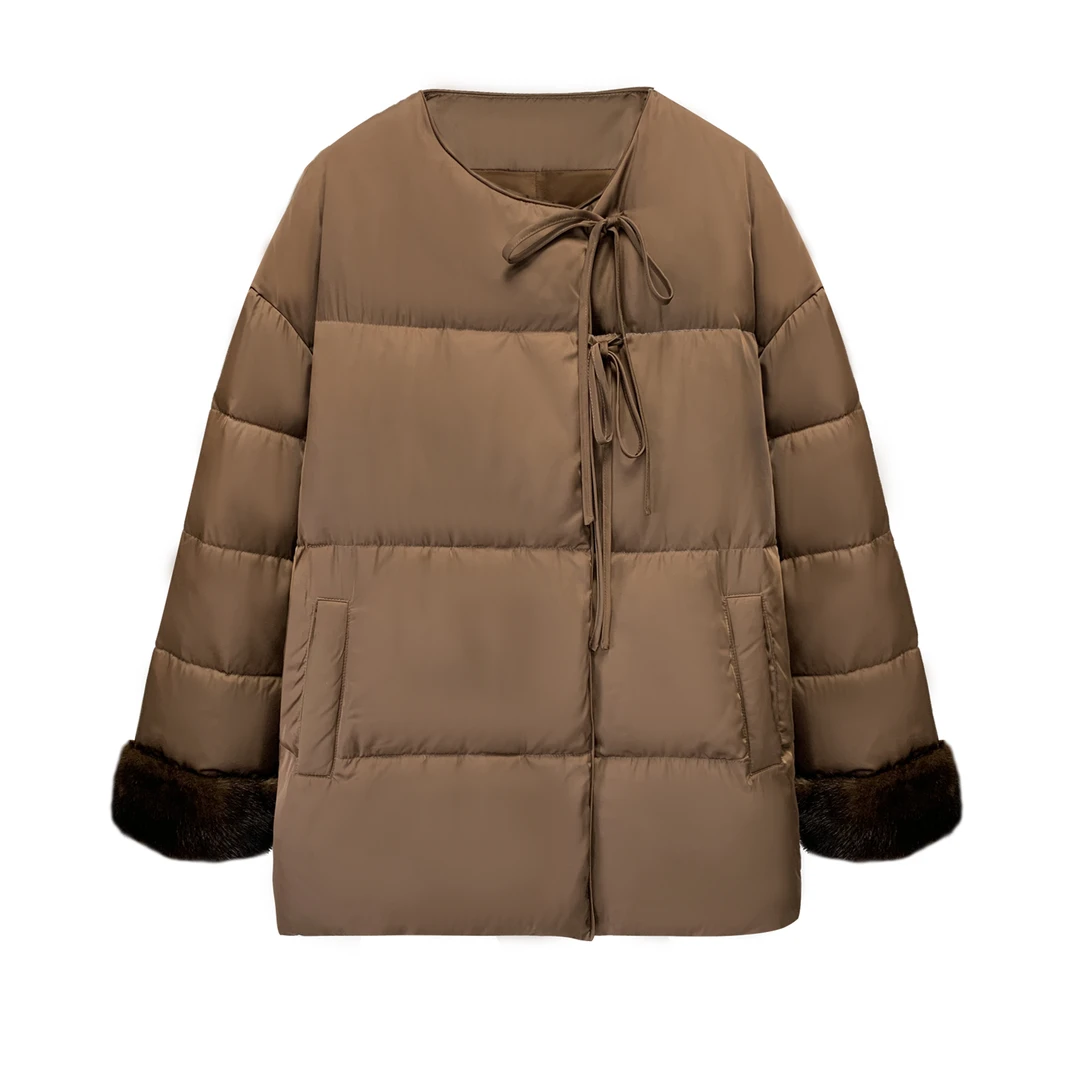 【价格已开】姜安妮_嵿亟桑蚕丝^水貂袖白鹅绒新中式拜年羽绒服外套