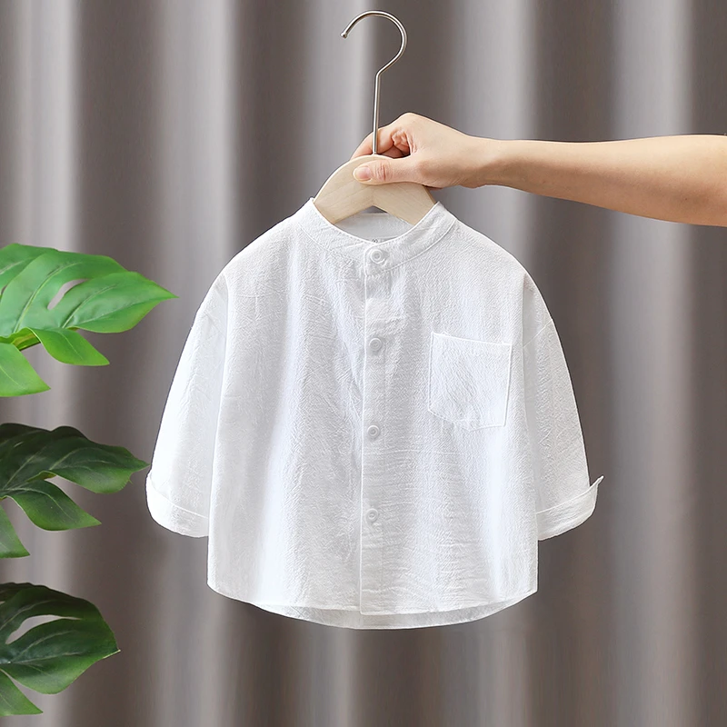 男童衬衫2025新款儿童秋装棉麻上衣宝宝春秋长袖男孩早秋白色衬衣