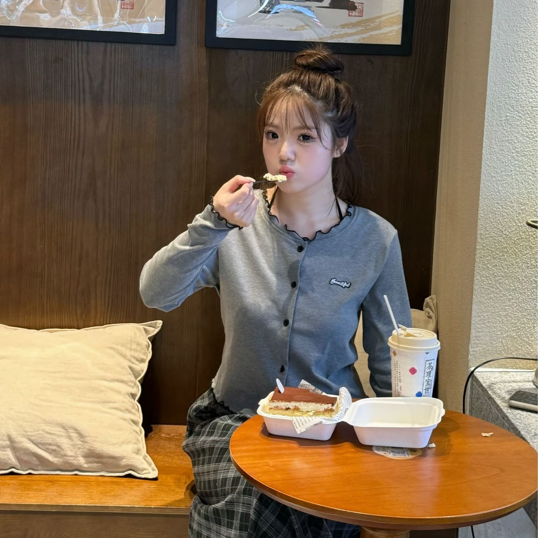 【邻家荷叶衫】2024秋冬刺绣正肩长袖T恤女韩系辣妹上衣