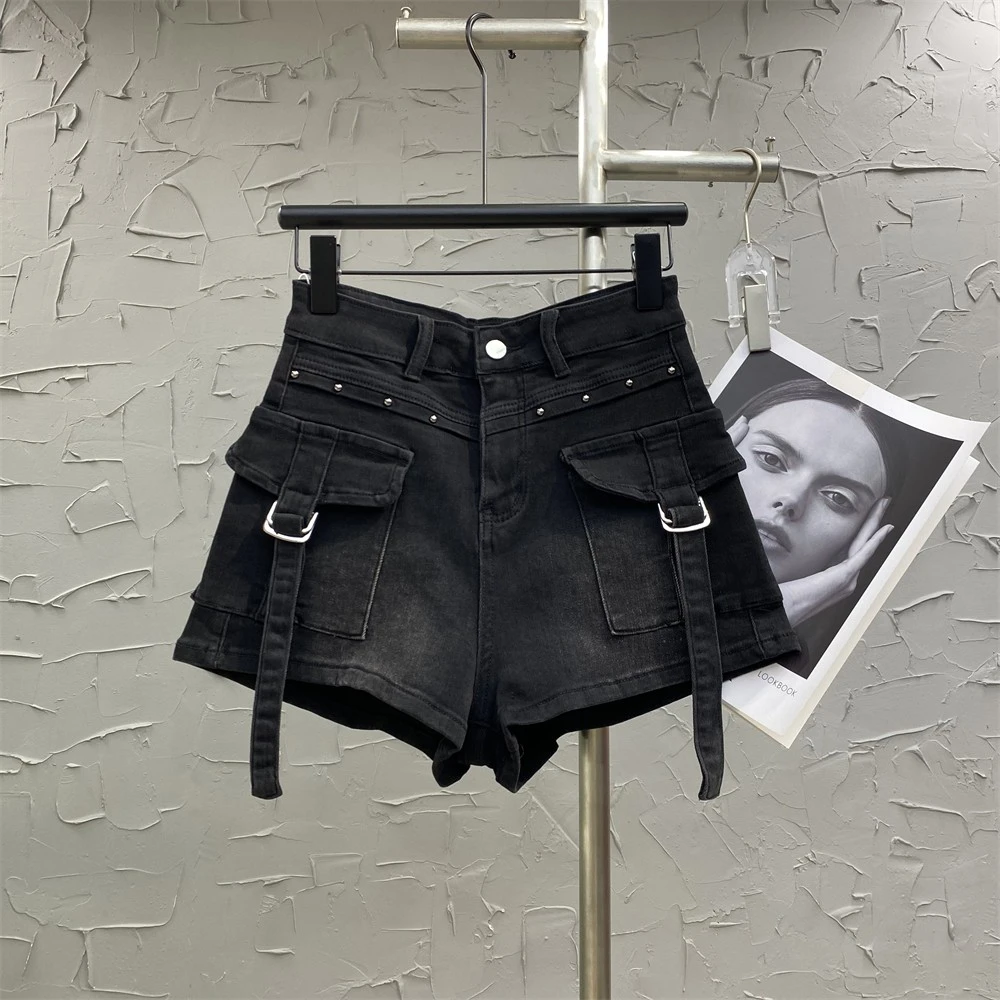 2024夏季黑色复古牛仔短裤时尚辣妹百搭高腰显瘦包臀宽松做旧热裤