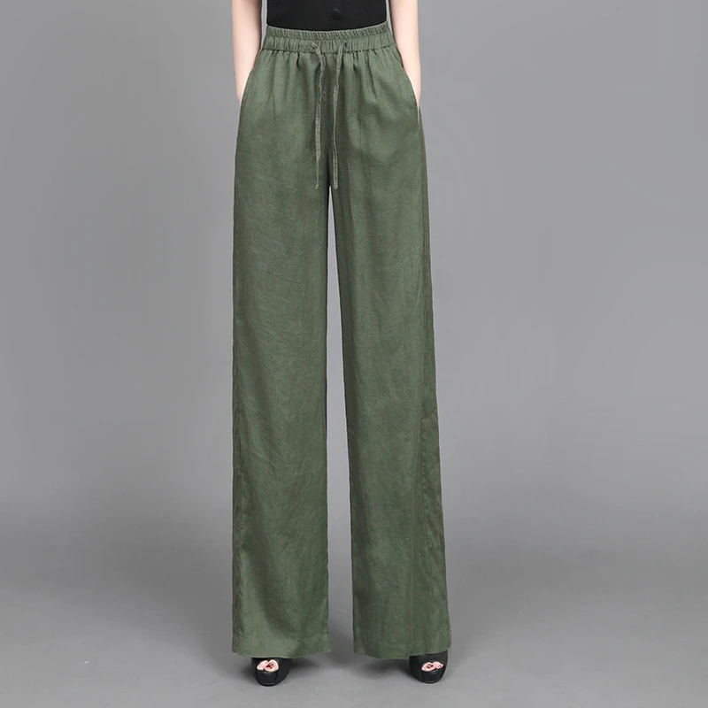 亚麻阔腿裤女2025春秋宽松百搭纯色直筒长裤松紧腰棉麻休闲女裤