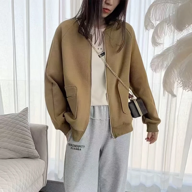 纯色棒球服女圆领休闲百搭宽松显瘦韩版春秋季长袖卫衣开衫外套女