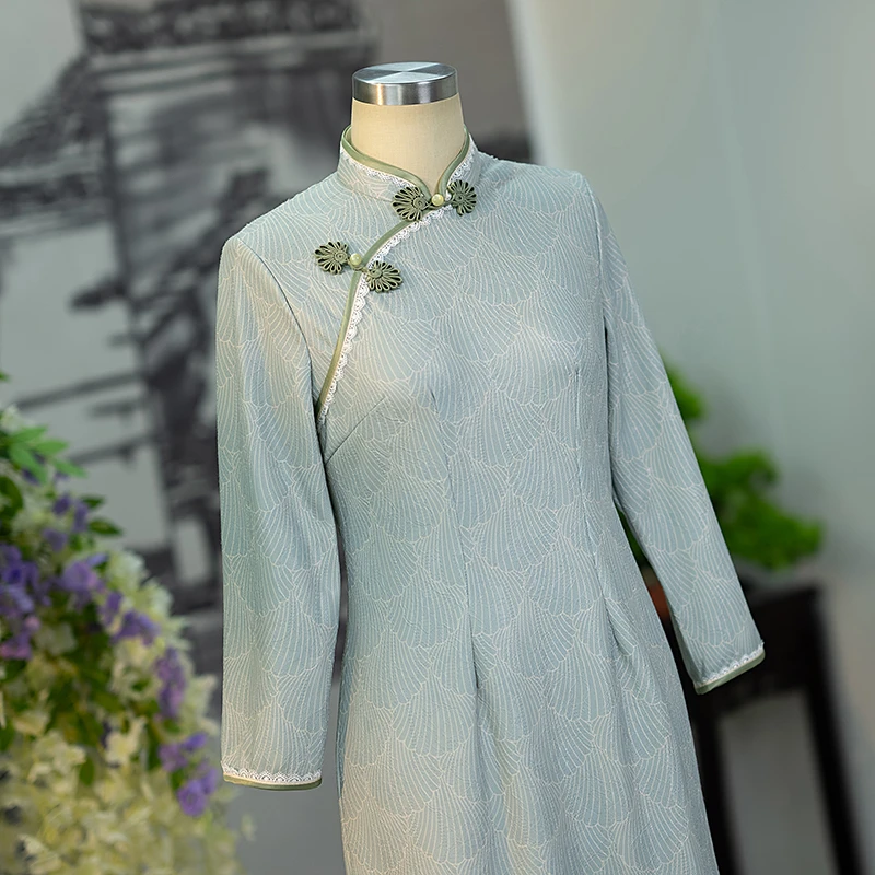 金吴针 57044 中国风旗袍改良A字裙贝壳气质日常长袖加厚秋冬款