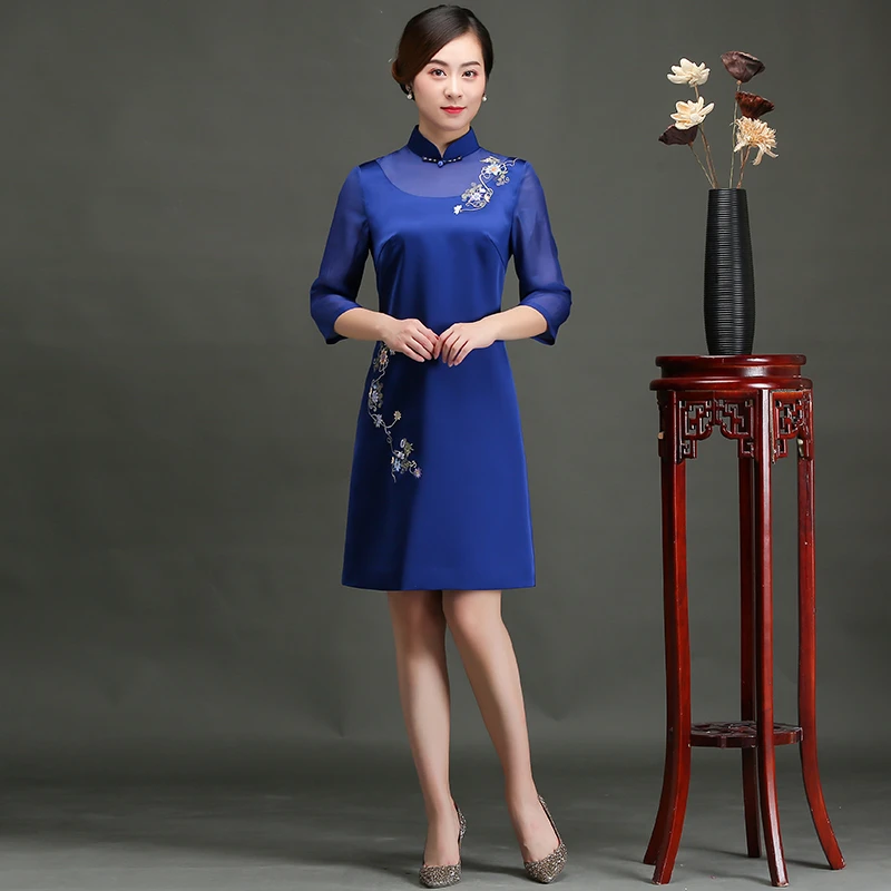 金吴针 49366 拼接绣花手工旗袍夏季短款气质优雅中式改良旗袍a版