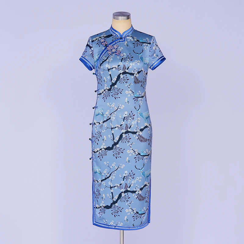 金吴针 53133 中国风旗袍裙醋酸印花优雅修身显瘦日常夏季中长款