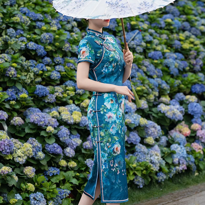 金吴针 53766【春山 蓝】中国风旗袍裙全开襟气质显瘦中长款夏季