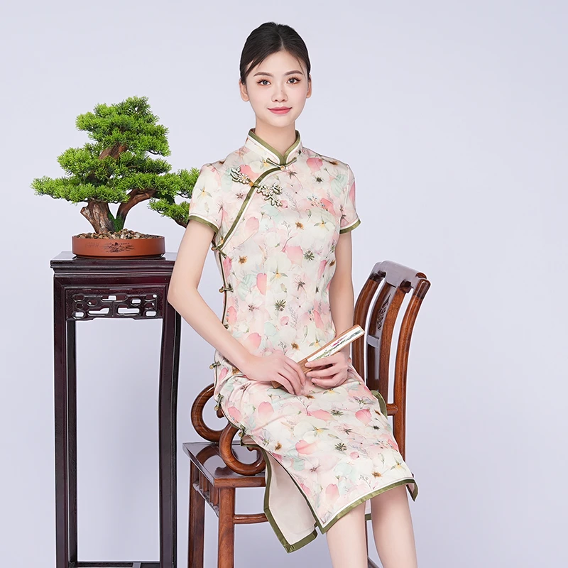 金吴针 53833 中国风旗袍裙气质优雅印花修身显瘦日常中长款夏季