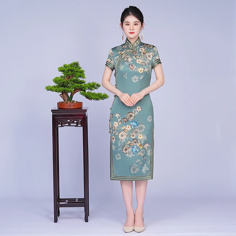 手工旗袍53104 金吴针全开襟旗袍裙印花气质优雅修身显瘦日常夏季