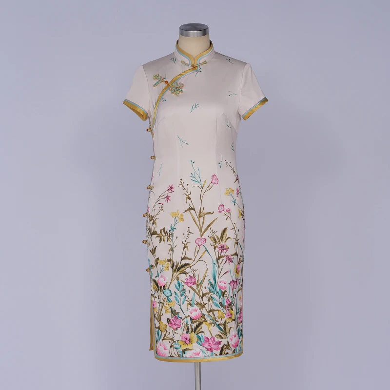 手工旗袍53156 金吴针旗袍全开襟气质印花优雅修身日常夏季中长款