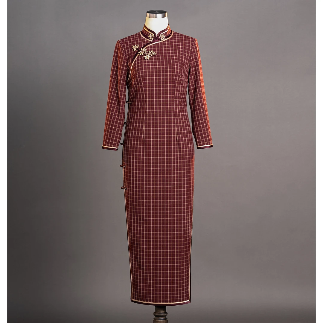 金吴针 51185 格子旗袍裙复古民国老上海手工花扣气质七分袖秋冬