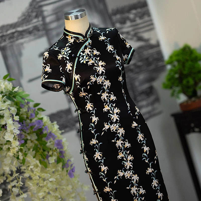 手工旗袍53015 金吴针旗袍醋酸单层气质优雅显瘦中长款日常短袖