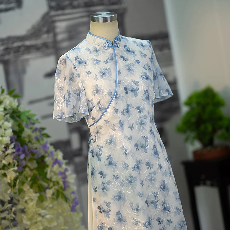 手工旗袍55996 新中式奥黛旗袍改良A版裙气质优雅日常夏季中长款