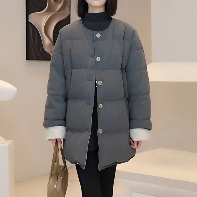 简约圆领中长款双面穿棉服外套女秋冬新款时尚面包服百搭保暖棉衣