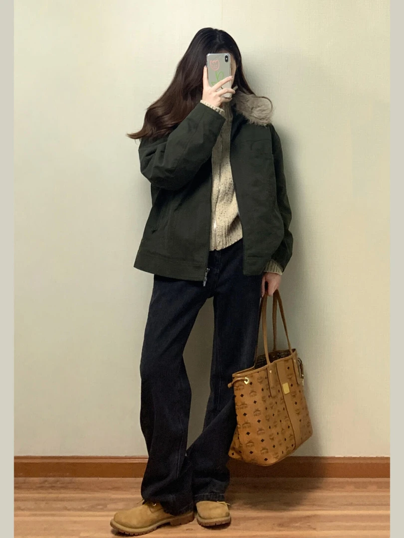 复古毛领拉链连帽棉衣外套冬季新款宽松棉服高腰显瘦牛仔裤套装