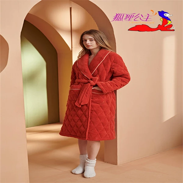 狐狸公主狐狸公主厚款冬季三层夹棉贝贝绒加绒保暖家居服女袍