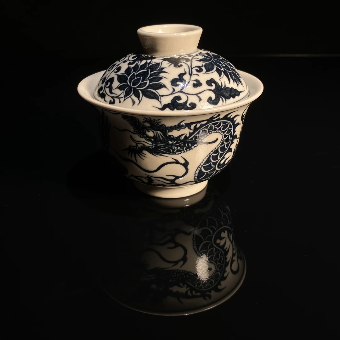 元经秘旨青花二号釉1351龙纹盖碗景德镇纯手工纯手绘茶具茶器瓷
