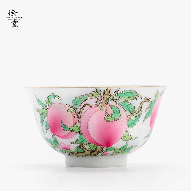 徐窑六桃过枝杯景德镇陶瓷粉彩茶具主人杯高端茶器手工手绘高温瓷