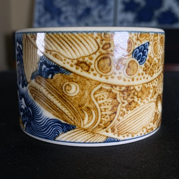 元经秘旨青花釉里金二号釉海浪鳜鱼扳指杯景德镇手工纯手绘茶具