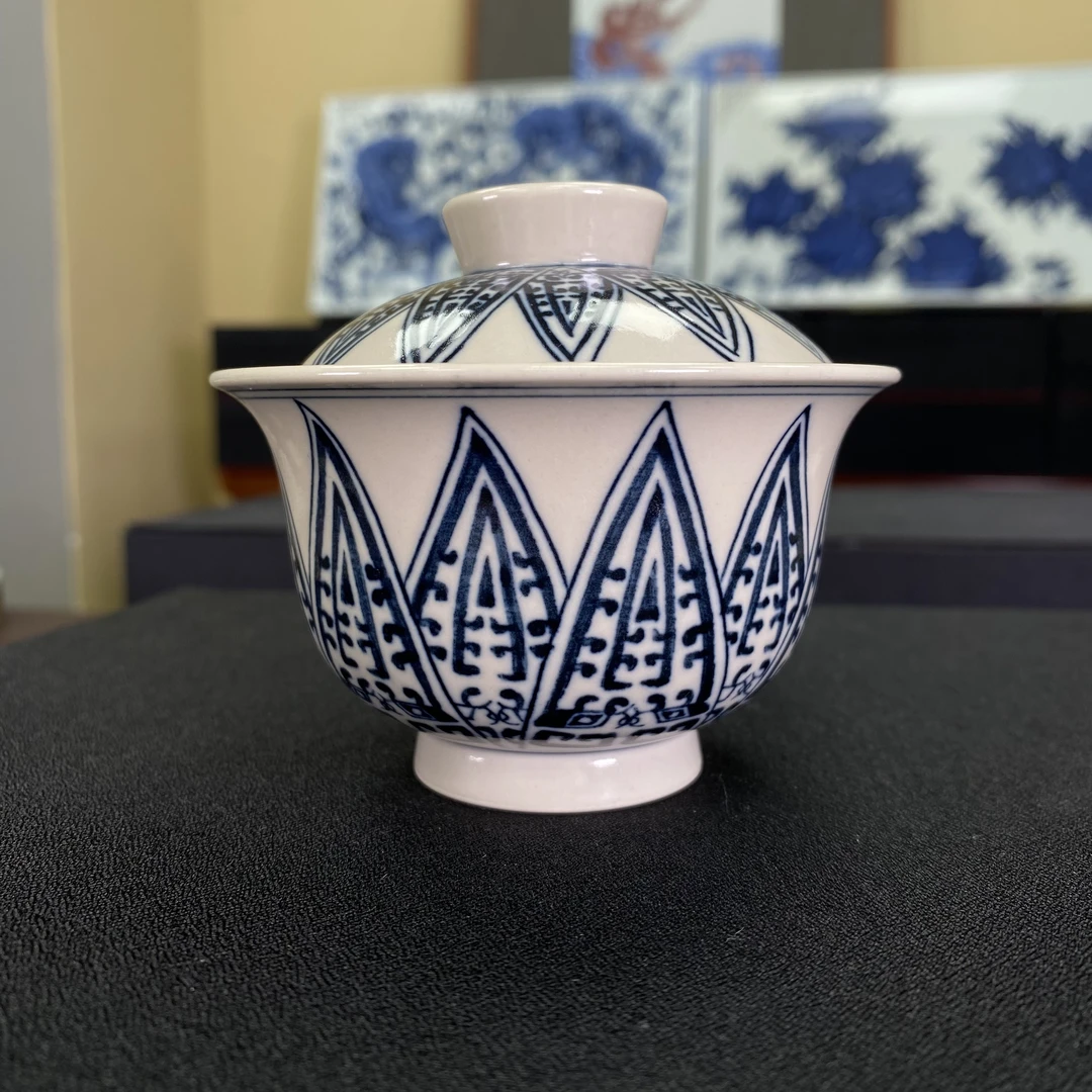 元经秘旨青花二号釉青铜芭蕉纹盖碗景德镇纯手工纯手绘茶具茶器