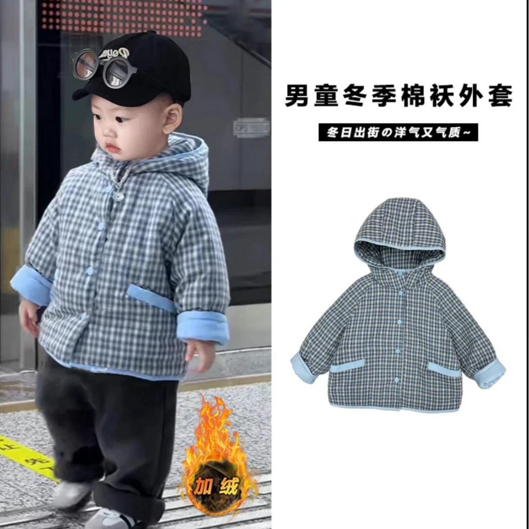 【现货48H 】韩版加绒格子棉服中小童冬季简约加厚保暖连帽气质棉服
