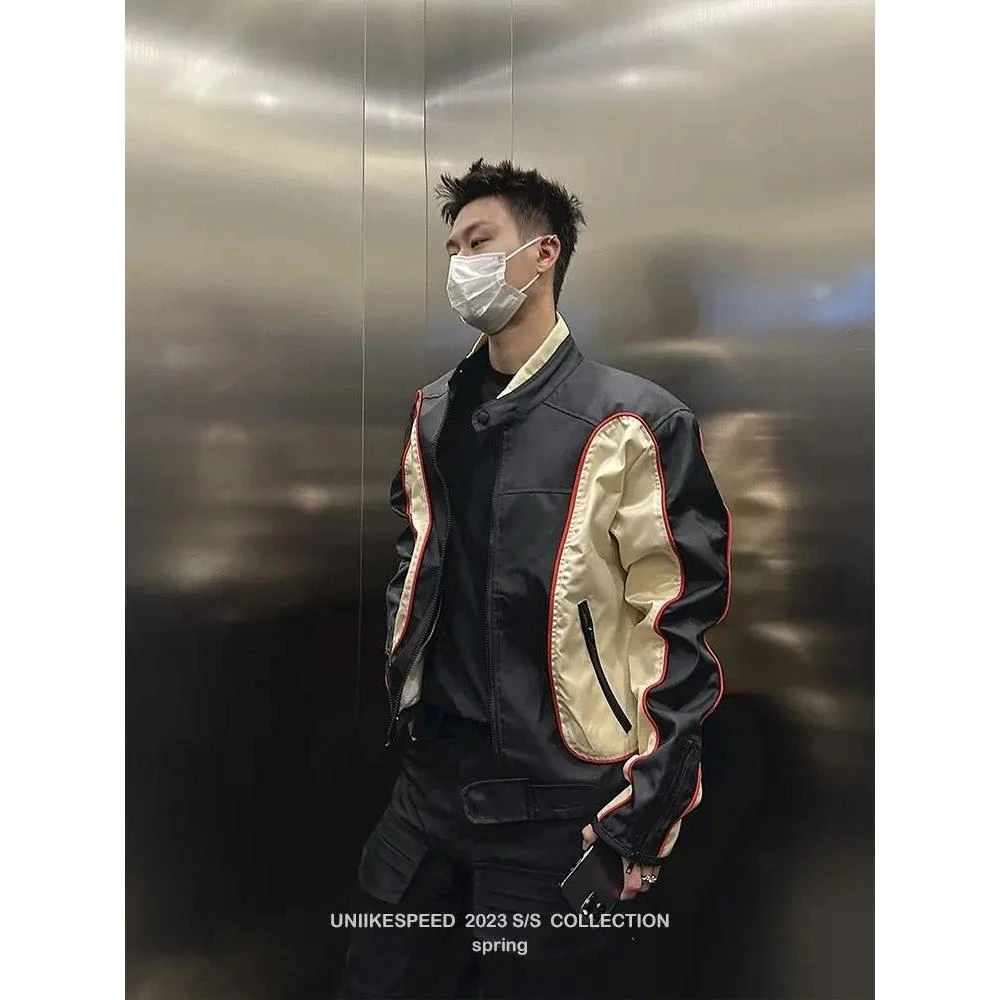 高级感痞帅拼接撞色短款外套男女高街vib美式复古机车骑行服夹克