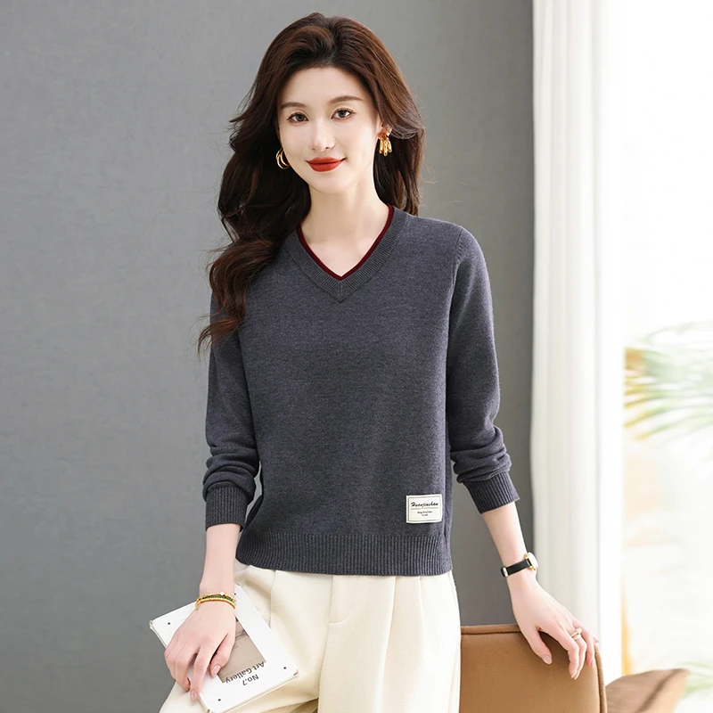 v领打底针织衫女秋冬2024新款女装宽松显瘦内搭鸡心领毛衣洋气
