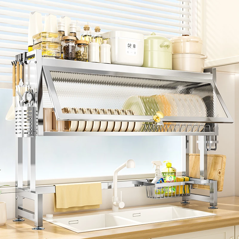 不锈钢厨房水槽置物架碗架收纳水池上碗碟防尘柜家用多功能沥水架