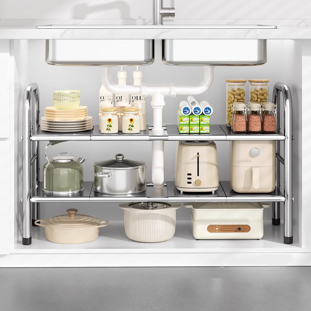 不锈钢可伸缩下水槽置物架橱柜内分层架水池下收纳架厨房锅具架子