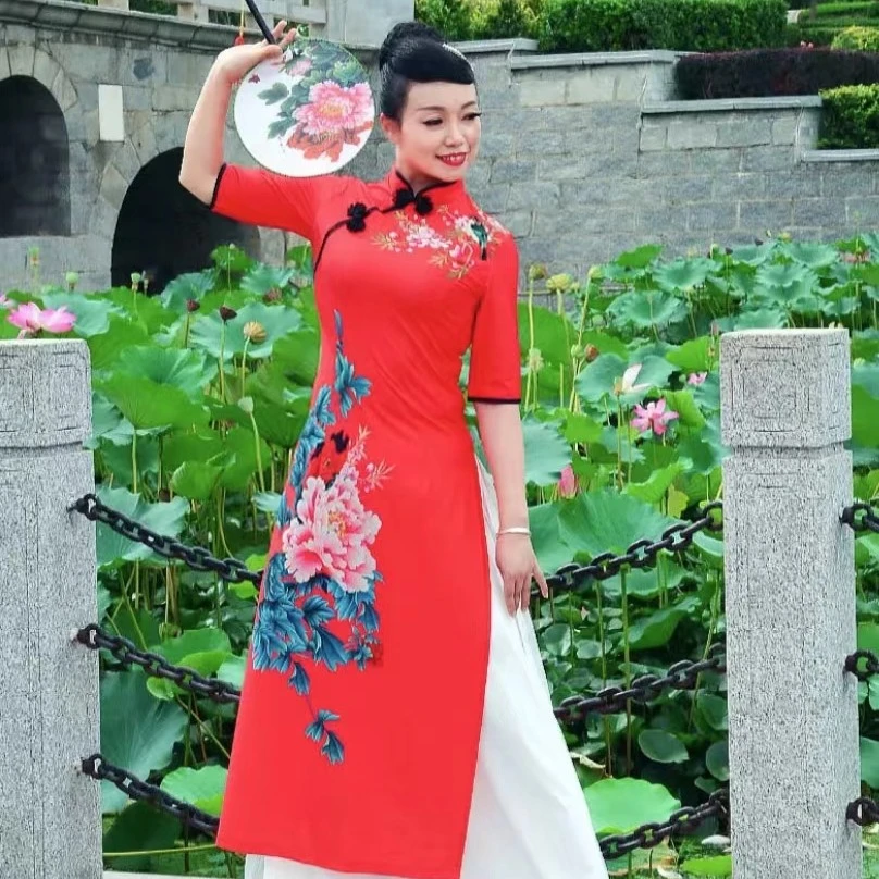 夏款经典牡丹印花改良旗袍裙优雅奥黛中国风走秀旗袍L5073