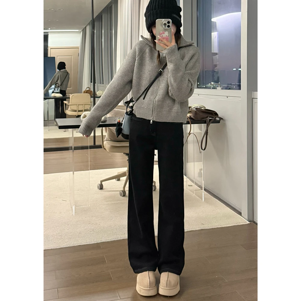 王家有鱼中高腰设计感牛仔裤黑色显瘦复古牛仔阔腿长裤89201