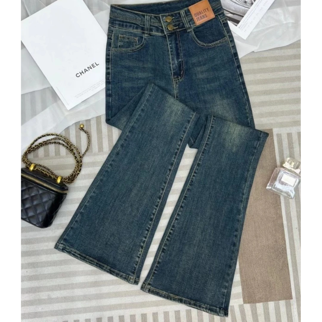 美式复古蓝水泥灰微喇牛仔裤女2024年秋季新款高腰修身弹力显瘦裤