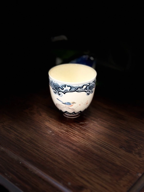 等于堂花鸟美女开窗杯主人杯青花杯手绘纯手工