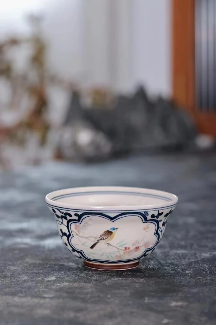 花鸟美女开窗杯陶瓷纯手工主人杯手绘