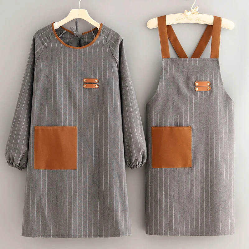 简约长袖罩衣厨房家用围裙棉布透气围腰女新款时尚外穿工作服定制