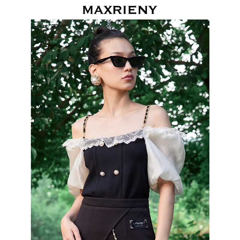 【商场同款】MAXRIENY一字肩毛衫2022夏设计感两穿式吊带针织上衣
