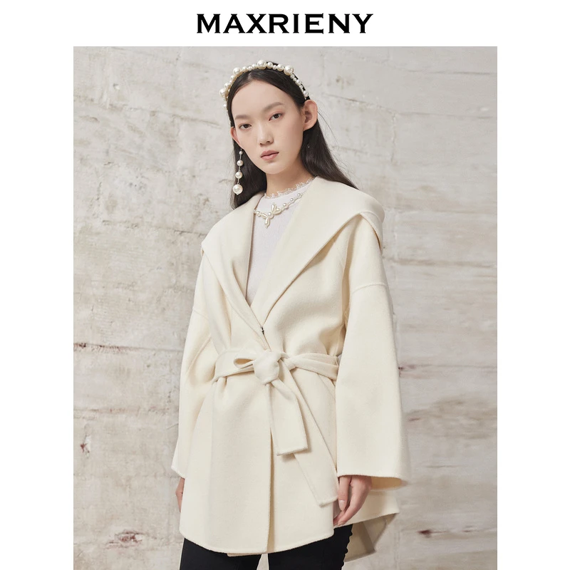 MAXRIENY丨连帽羊绒外套中长款冬季大衣女蝴蝶结系带羊毛衬衫女装