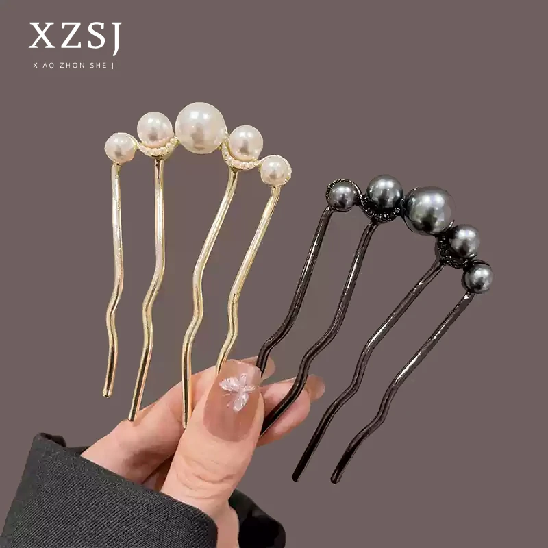 珍珠u型发卡高级感枪黑色插梳发夹古风盘发神器头饰秋冬头饰头花