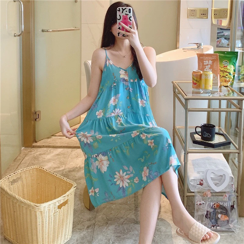 韩版无袖吊带睡裙女士夏季长裙韩版绵绸睡衣薄款甜美宽松家居服